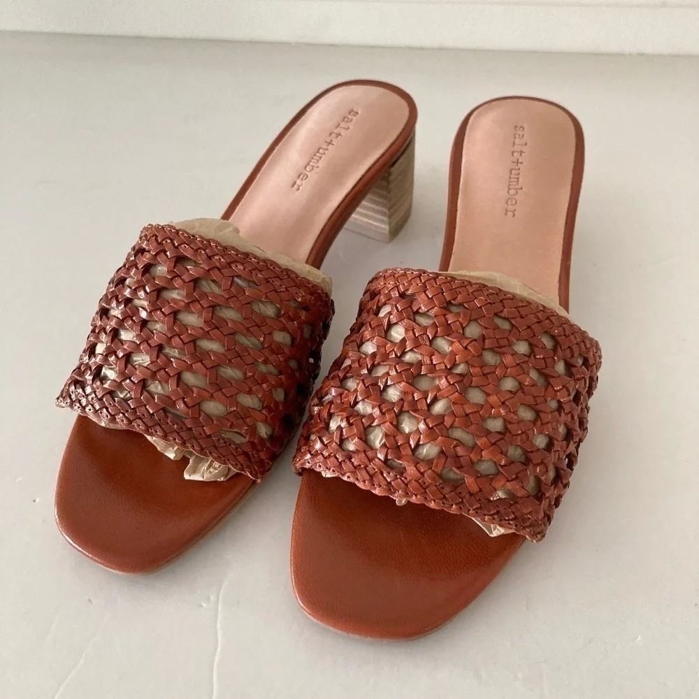 NWOT Salt + Umber Tripoli Cognac Woven Leather Heels Sz 6/37